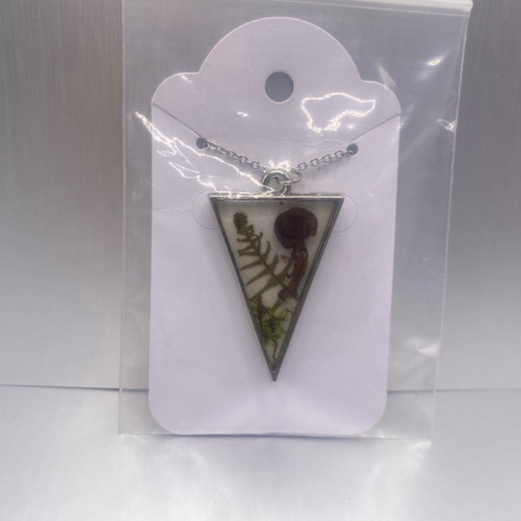 Triangular REAL Mushroom, fern, leaf Necklace, Epoxy Resin Pendant Handmade - Picture 4 of 5